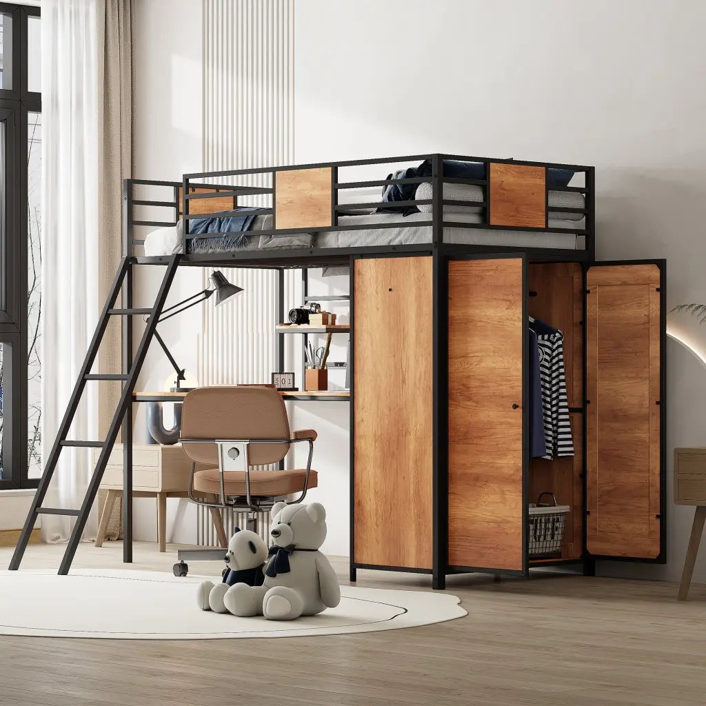 Twin Dimensions Loft Bed L Shape Desk and Wardrobe Black lucky world