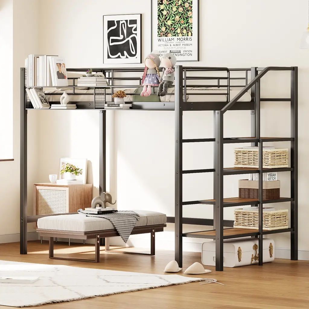 Twin Metal Loft Bed Upper Grid Storage Shelf and Lateral Storage lucky world