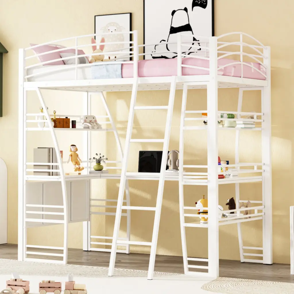 Twin Size Loft Bed 4 Layers Shelves and L-Shaped Desk, Chic Design lucky world
