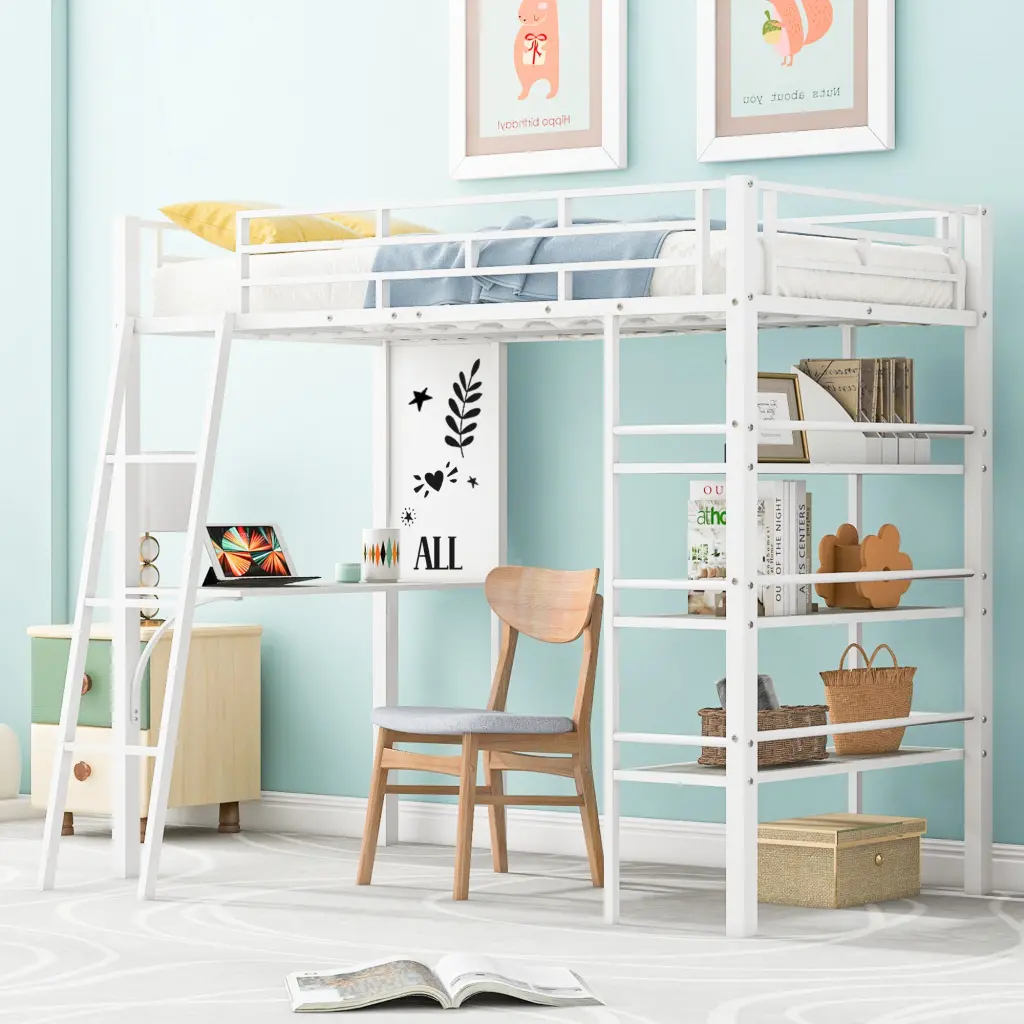 Twin Size Loft Metal Bed 3 Layers Shelves and Desk Space Saving Design lucky world