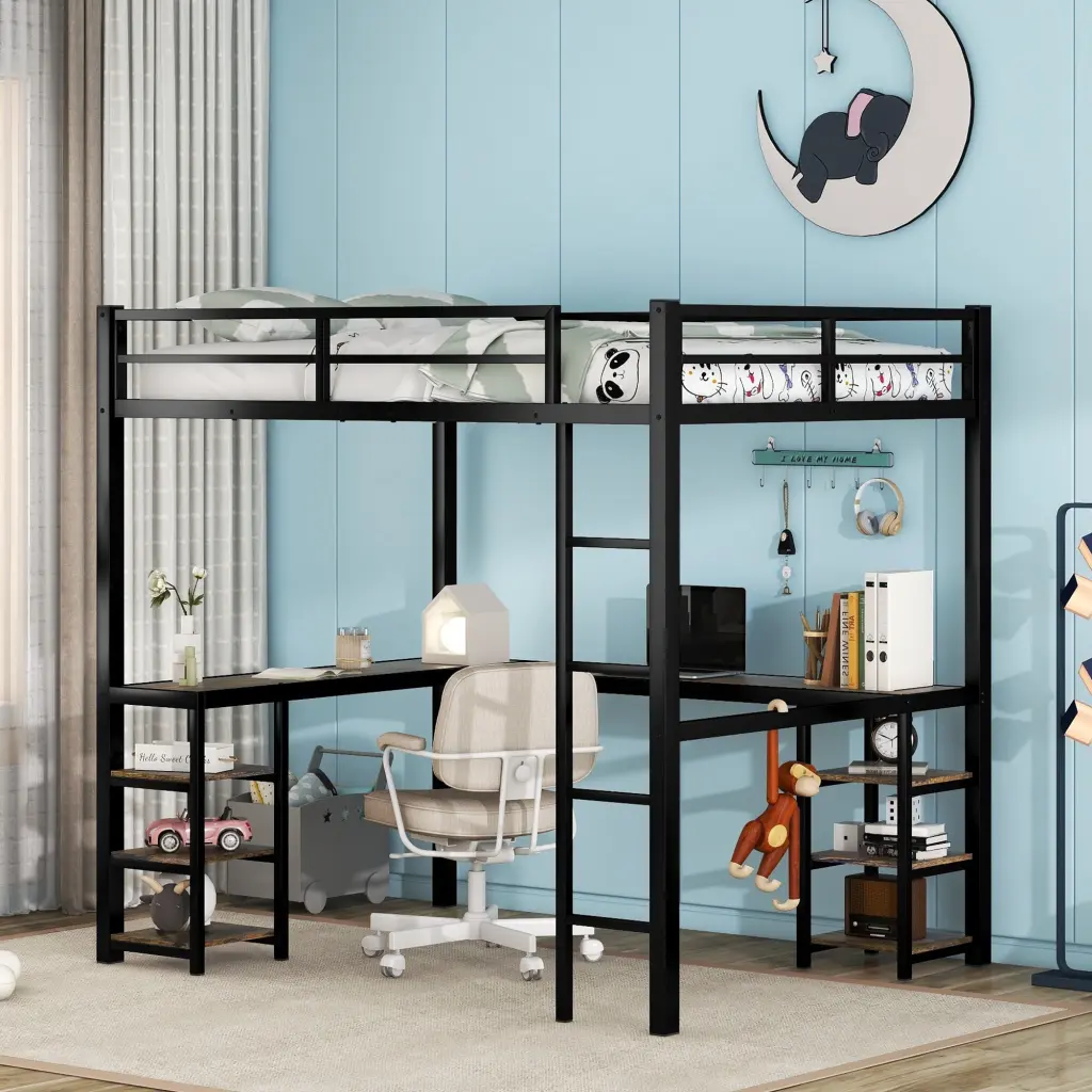 Full Metal Loft Bed Desk and Shelves Including Ladder and Guardrail magic more