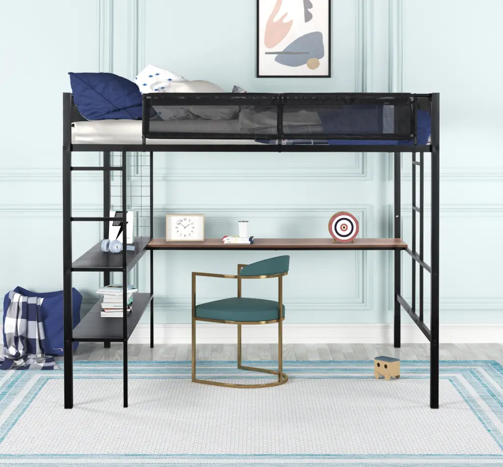 Metal Full Size Loft Bed Desk and Shelves Sturdy Bed Frame rnb