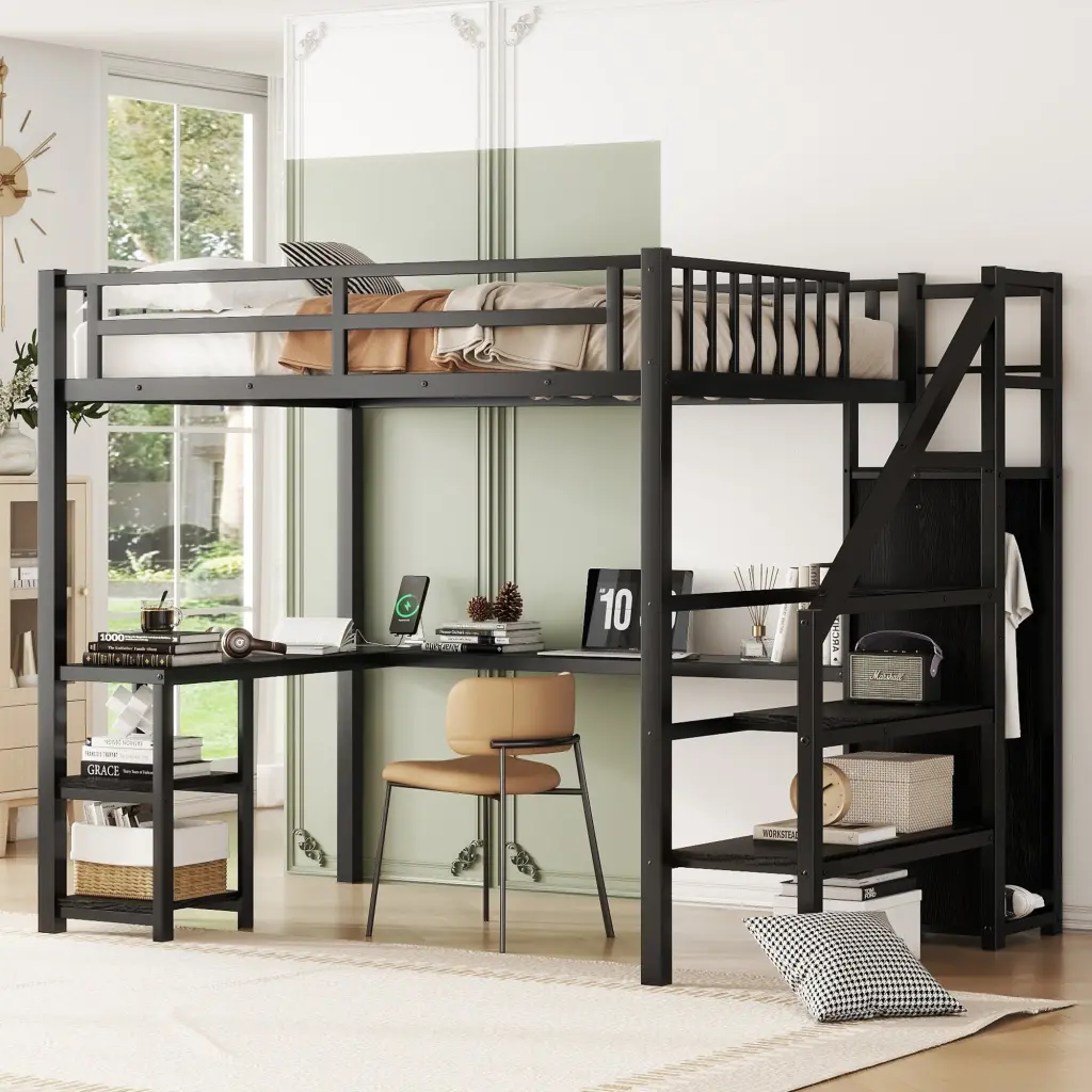 Metallic Full Loft Bed Wardrobe And LED Light Full Dimensions Loft Bed w2593