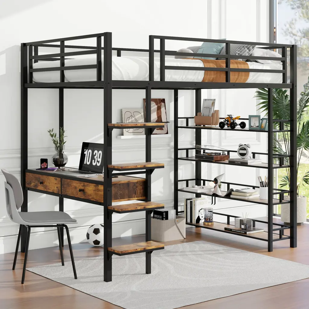 Full Dimensions Black Metallic Loft Bed Desk And Shelves wm dreamland