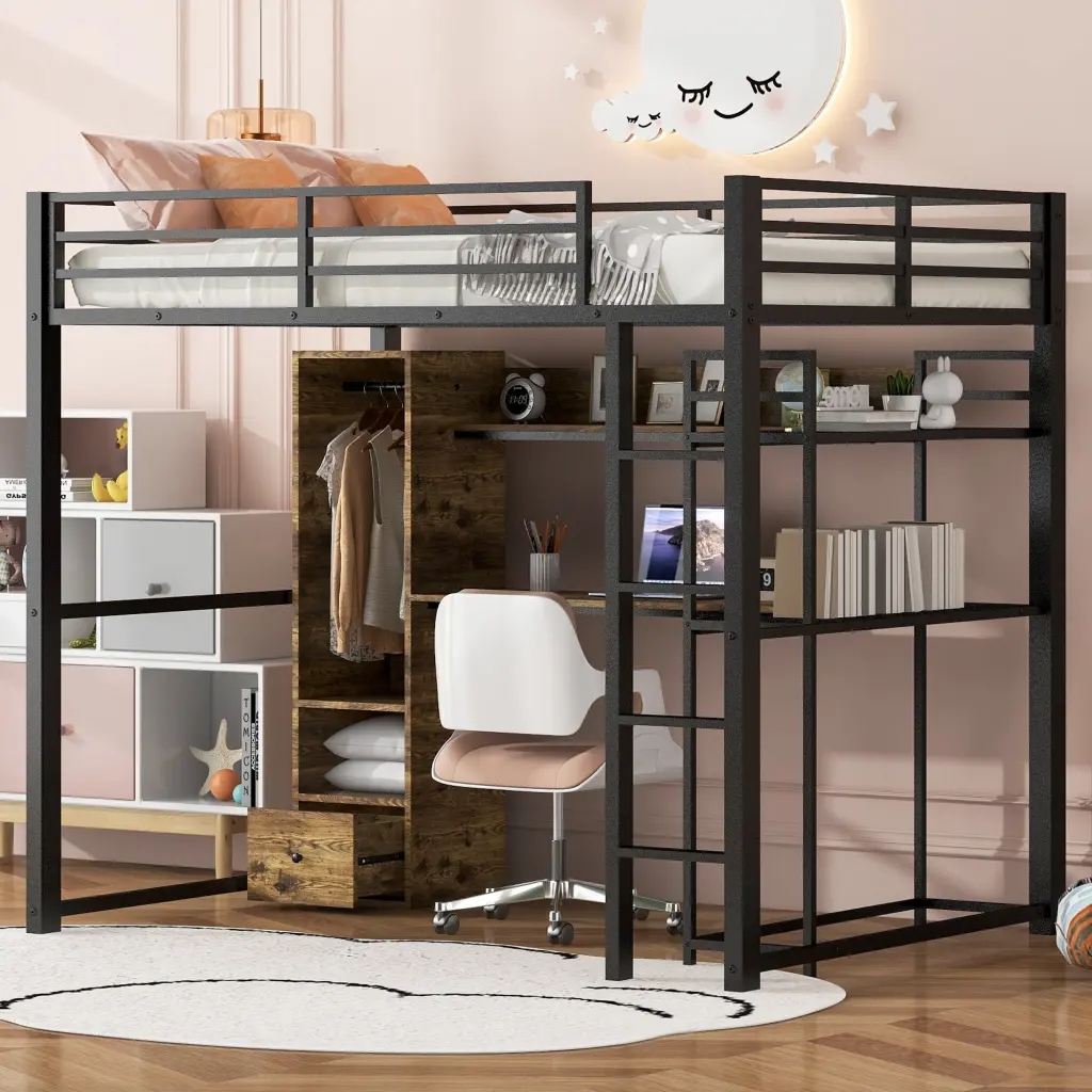 Full Size Metal Loft Bed Constructed Wardrobe Drawer Desk wm dreamland