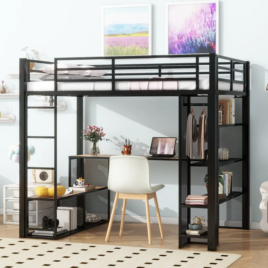 Full Size Metal Loft Bed Storage Iron Mesh and MDF Shelves wm dreamland