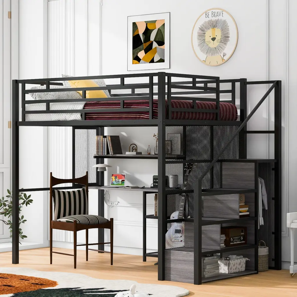 Full Size Metal Loft Bed Wardrobe Desk Storage Shelves Black wm dreamland