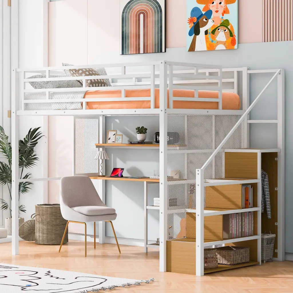 Full Size Metal Loft Bed Wardrobe Desk Storage Shelves White Finish wm dreamland