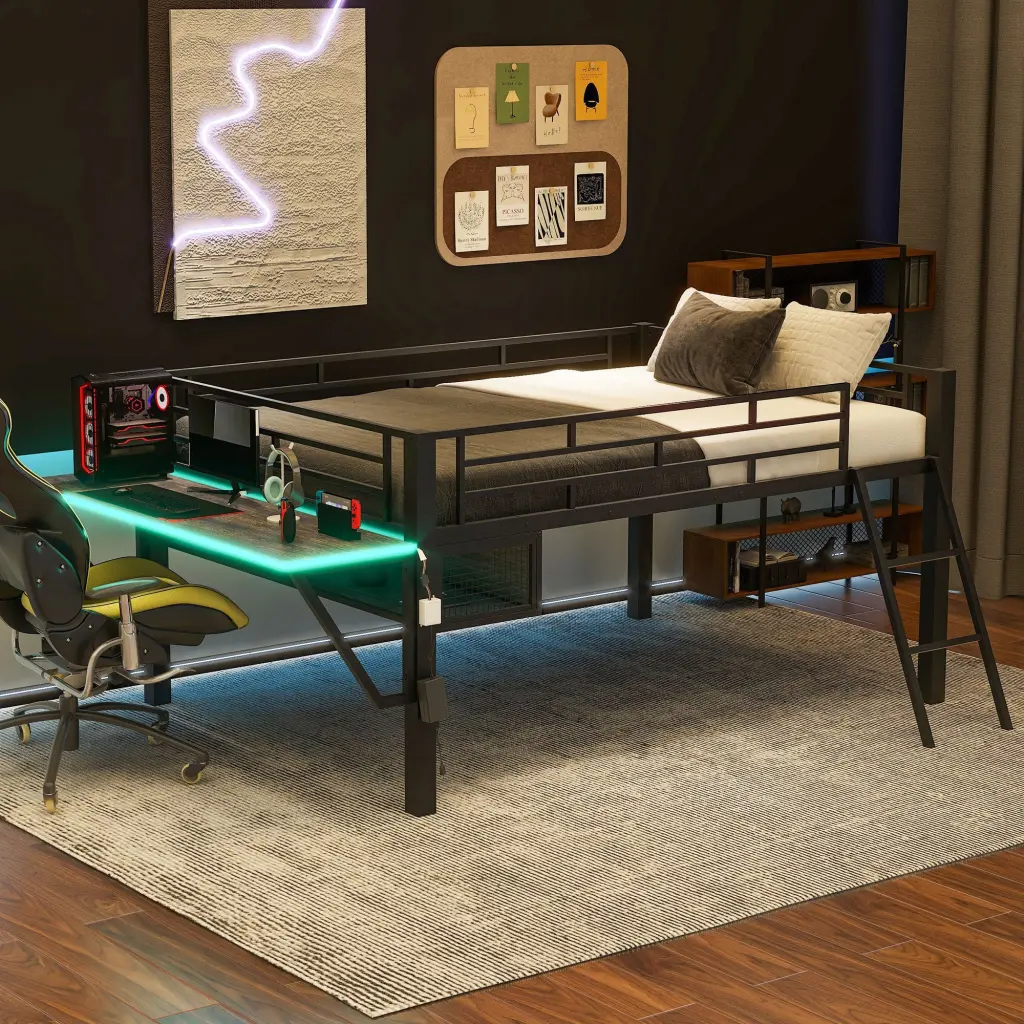 Gaming Mid Loft Bed Desk and LED Lights Black MDF Metallic Finish wm dreamland