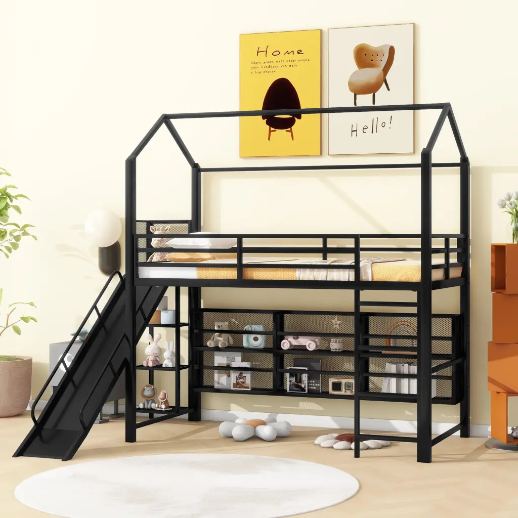Twin Dimensions House Metallic Loft Bed Ferrous Metal Mesh Shelves And Slide, Black wm dreamland