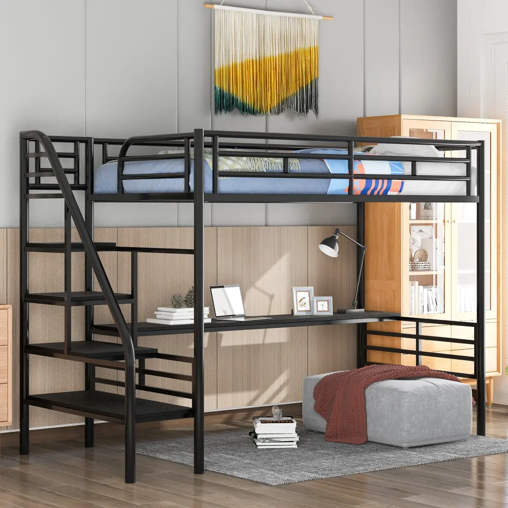 Black Twin Size Metallic Loft Bed Frame Desk No Box Spring Needed wm store
