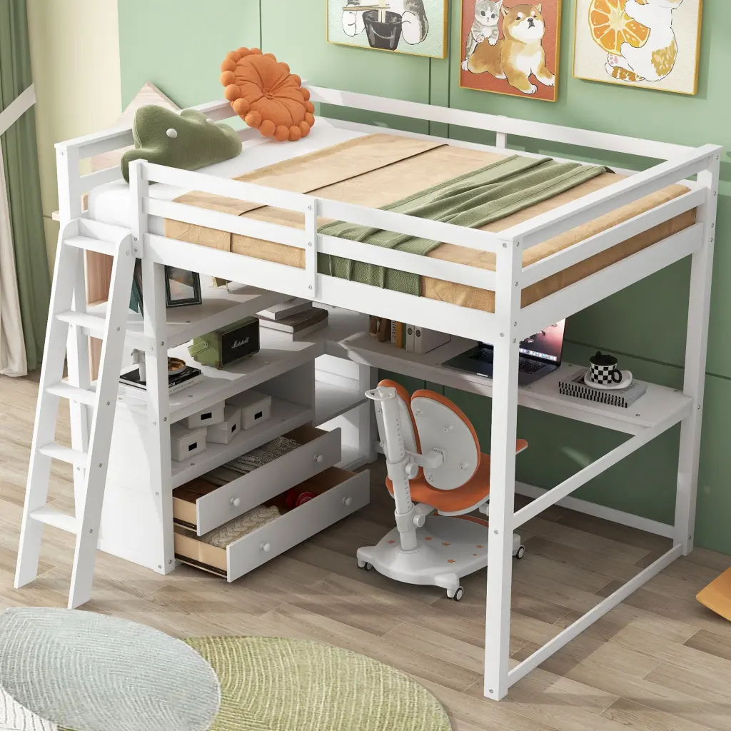 Full Dimensions Loft Bed Desk and Shelves, Two Built- Drawers, White Oak Finish wm store