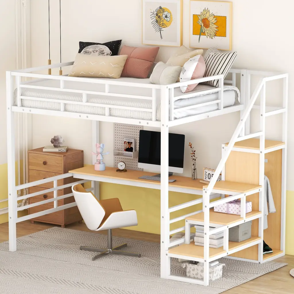Full Dimensions Metallic Loft Bed Desk Storage Staircase And Small Wardrobe wm store