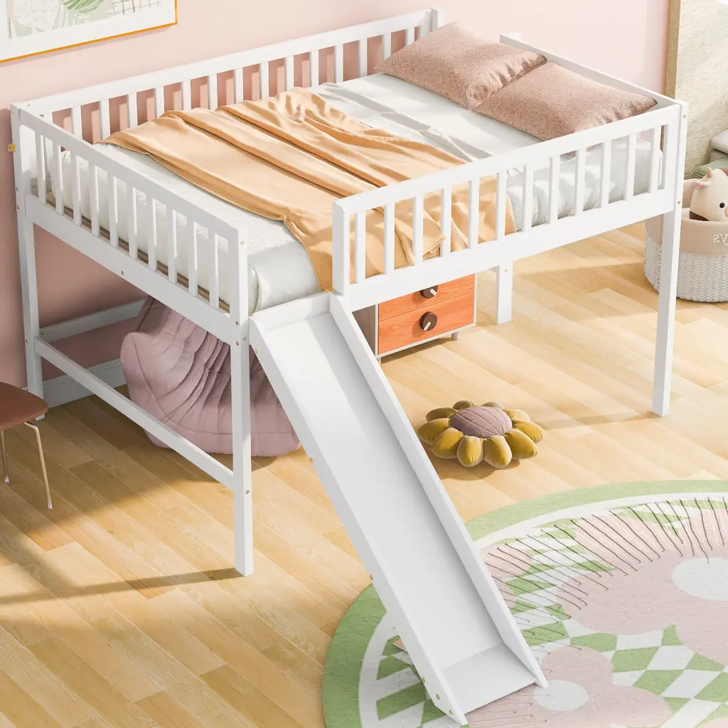 Full Low Loft Bed Ladder and Slide White No Box Spring Needed wm store
