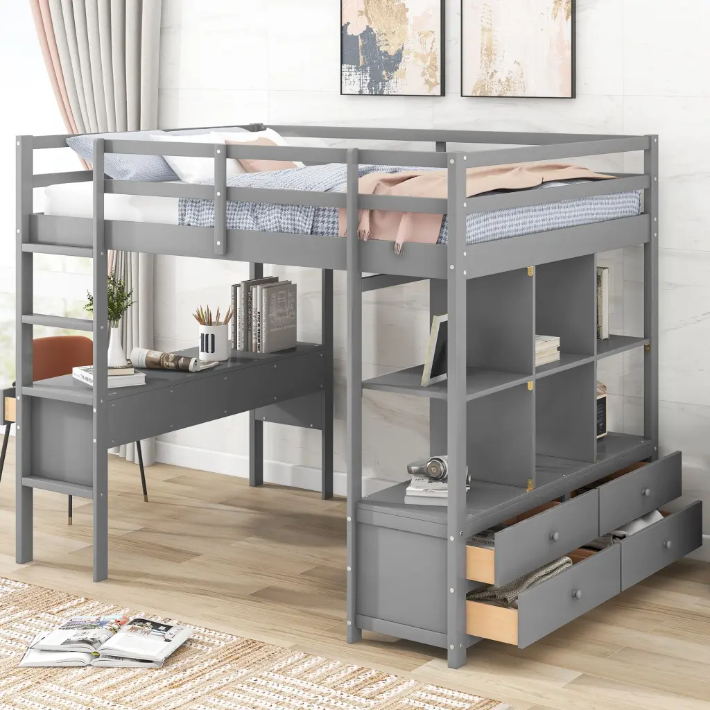 Full Size Loft Bed Built Desk Drawers Storage Shelves wm store
