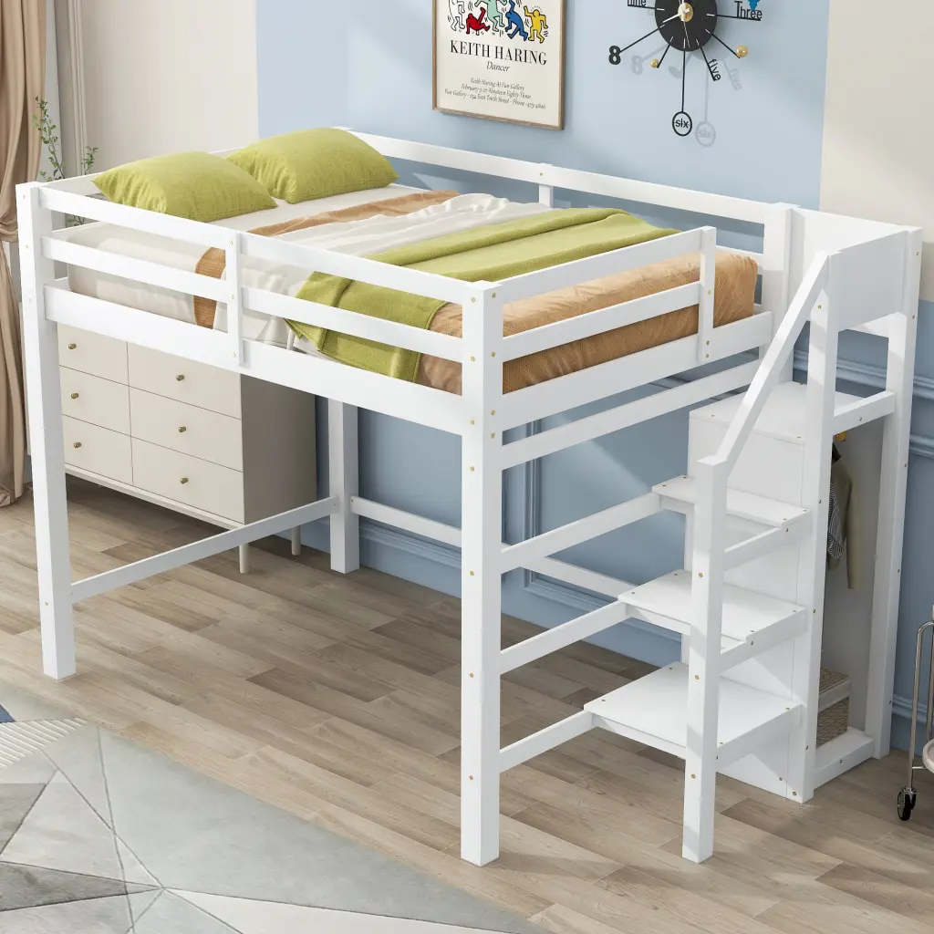 Full Size Loft Bed Built Storage Wardrobe And Staircase White wm store