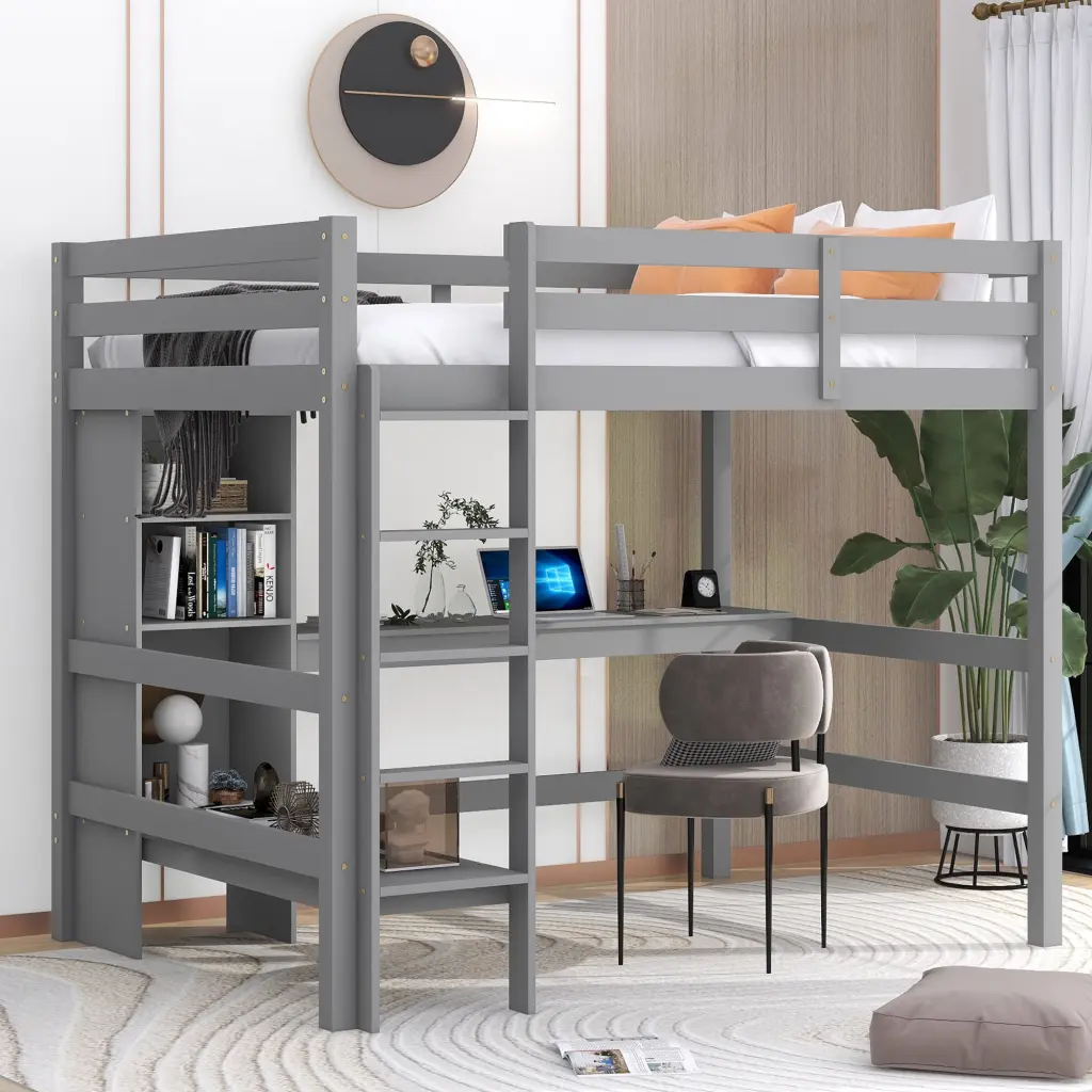 Full Size Loft Bed Multifunction Shelves and Under Bed Desk Gray wm store