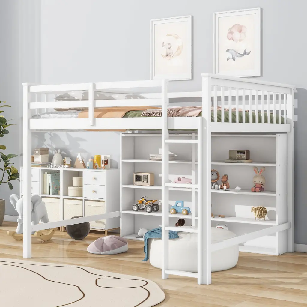 Full Size Loft Bed 8 Open Storage Shelves And Ladder Design wm store