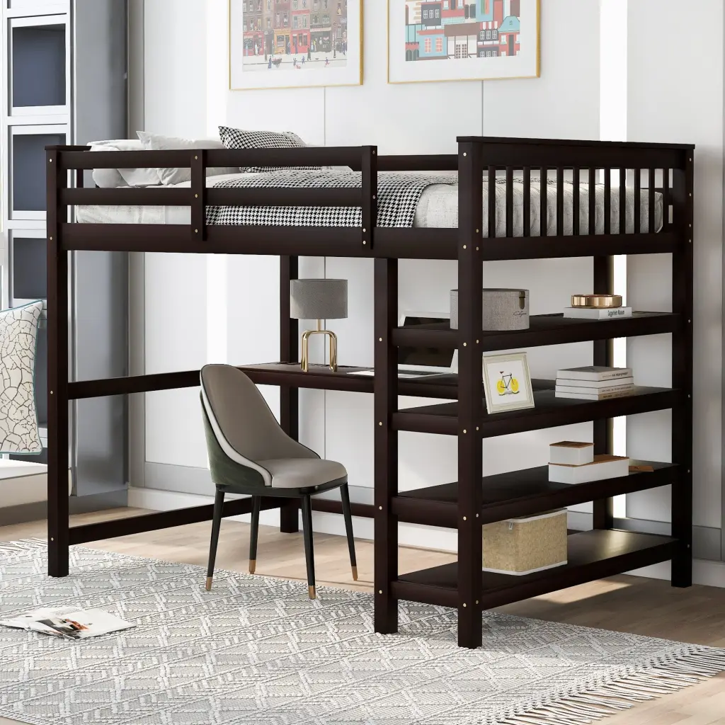 Full Size Loft Bed Storage Shelves and Under Bed Desk Espresso Finish wm store