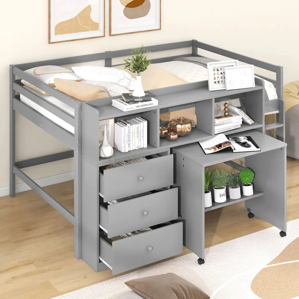 Full Size Low Loft Bed Rolling Desk Drawers And Shelves wm store