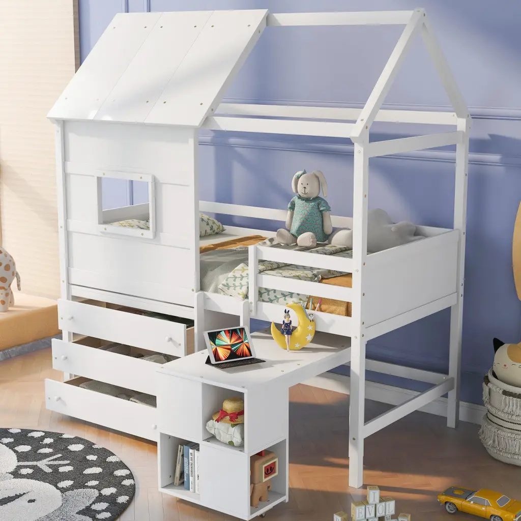 Houtilize Loft Bed Storage Desk and 3 Drawer Chest White wm store