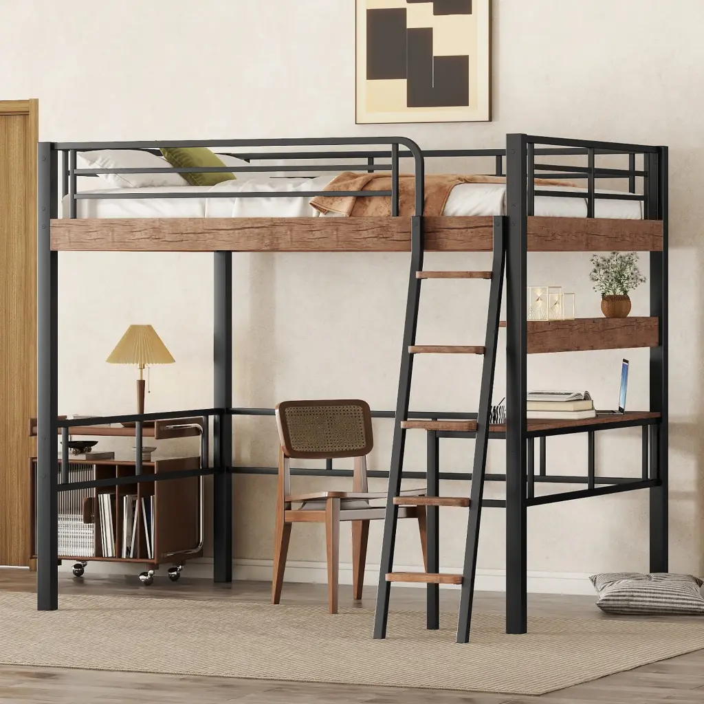Metallic Full Dimensions Loft Bed Built Desk Storage Shelf and Ladder wm store