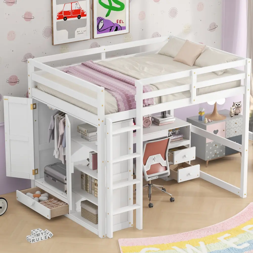 Timber Full Dimensions Loft Bed Built Wardrobe Desk Storage Shelves wm store