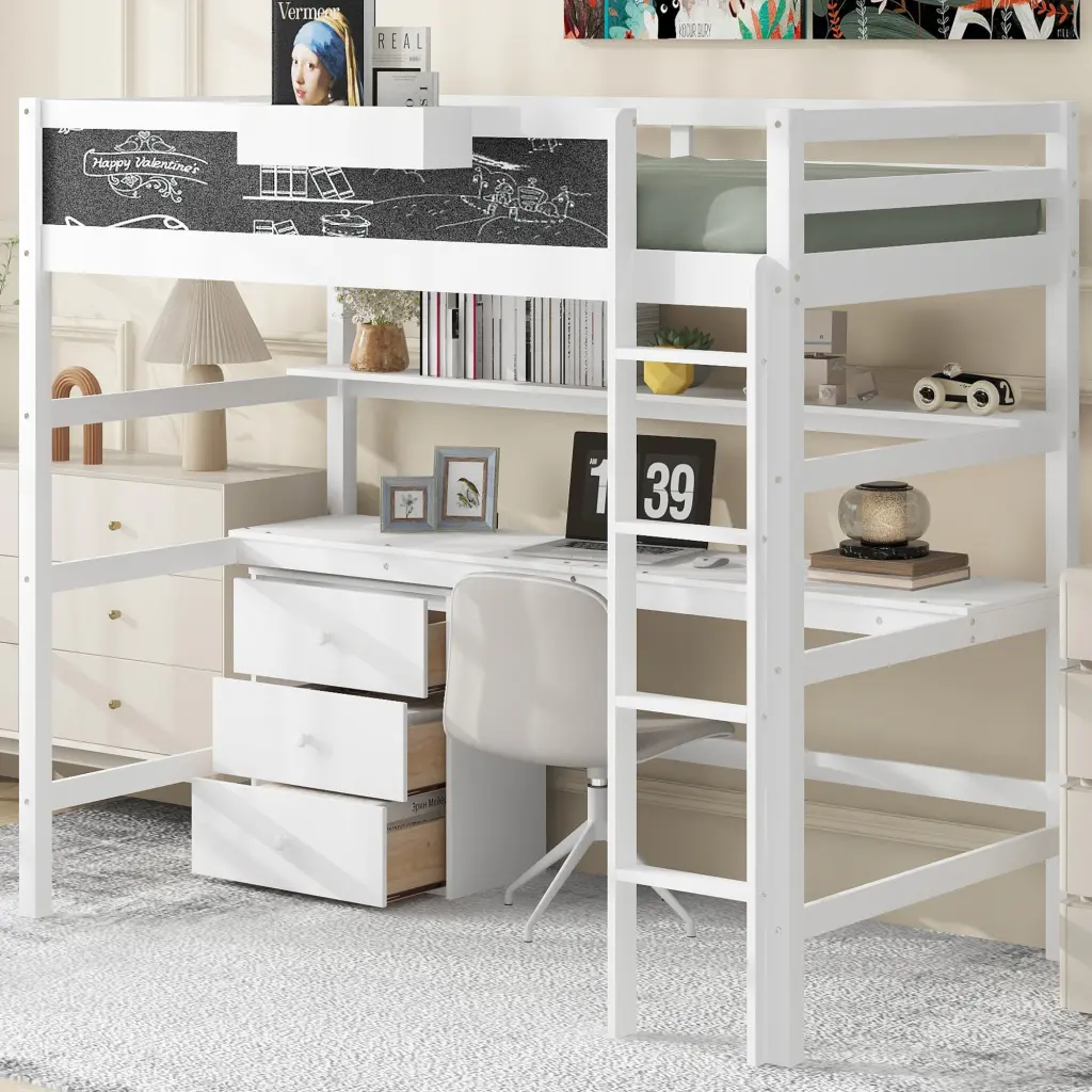 Timber Twin Loft Bed Desk Blackboard Storage Box And Shelf wm store