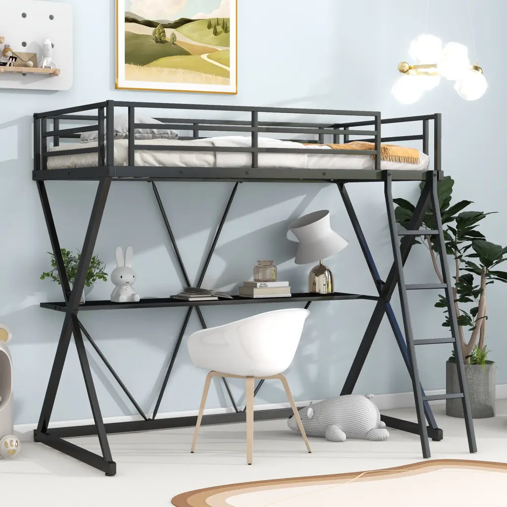 Twin Dimensions Loft Bed Desk Ladder and Full Length Guardrails X Shaped Frame wm store