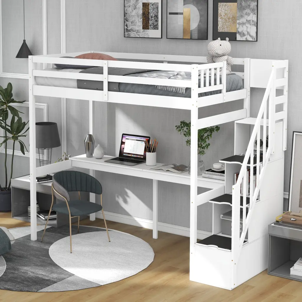 Twin Dimensions Loft Bed Storage Staircase and Built- Desk, White Oak Finish wm store