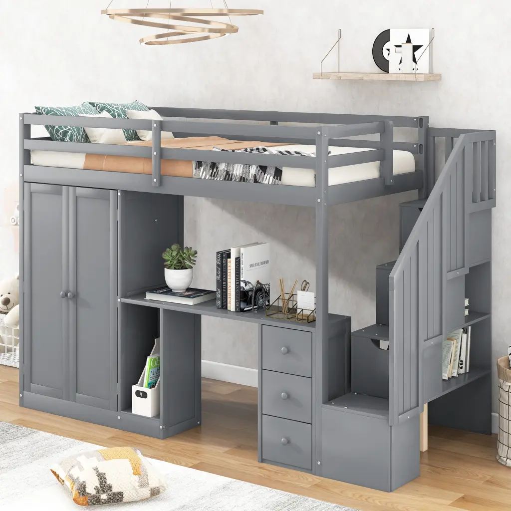 Twin Dimensions Loft Bed Wardrobe, Staircase, Desk, and Storage Drawers wm store
