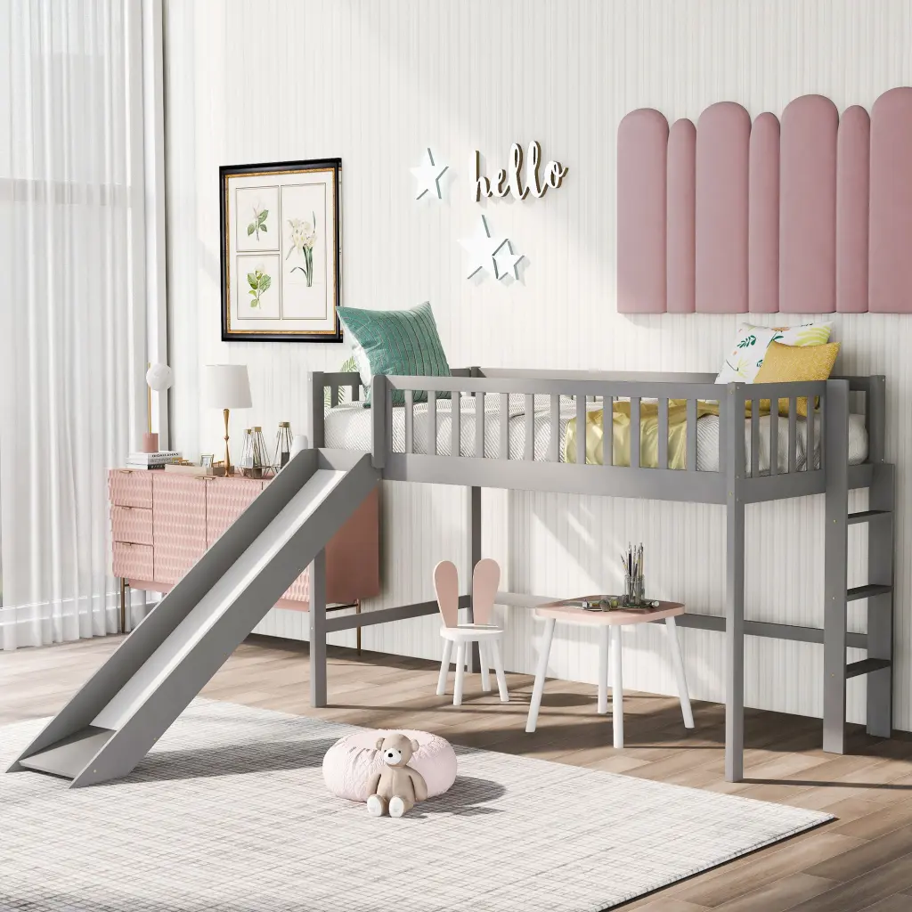 Twin Dimensions Low Loft Bed Ladder and Slide Gray Kids Bed wm store