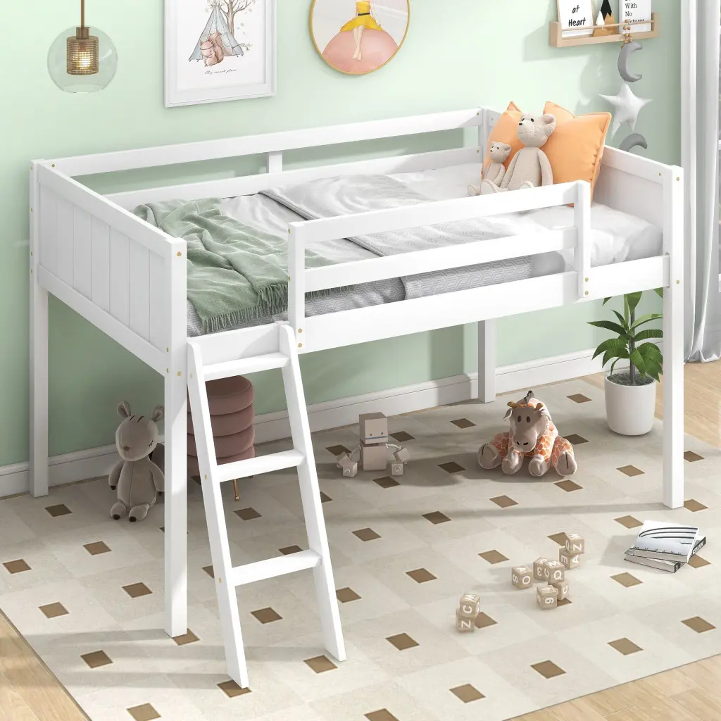 Twin Dimensions Wood Low Loft Bed Ladder and Flexible Ladder Placement wm store