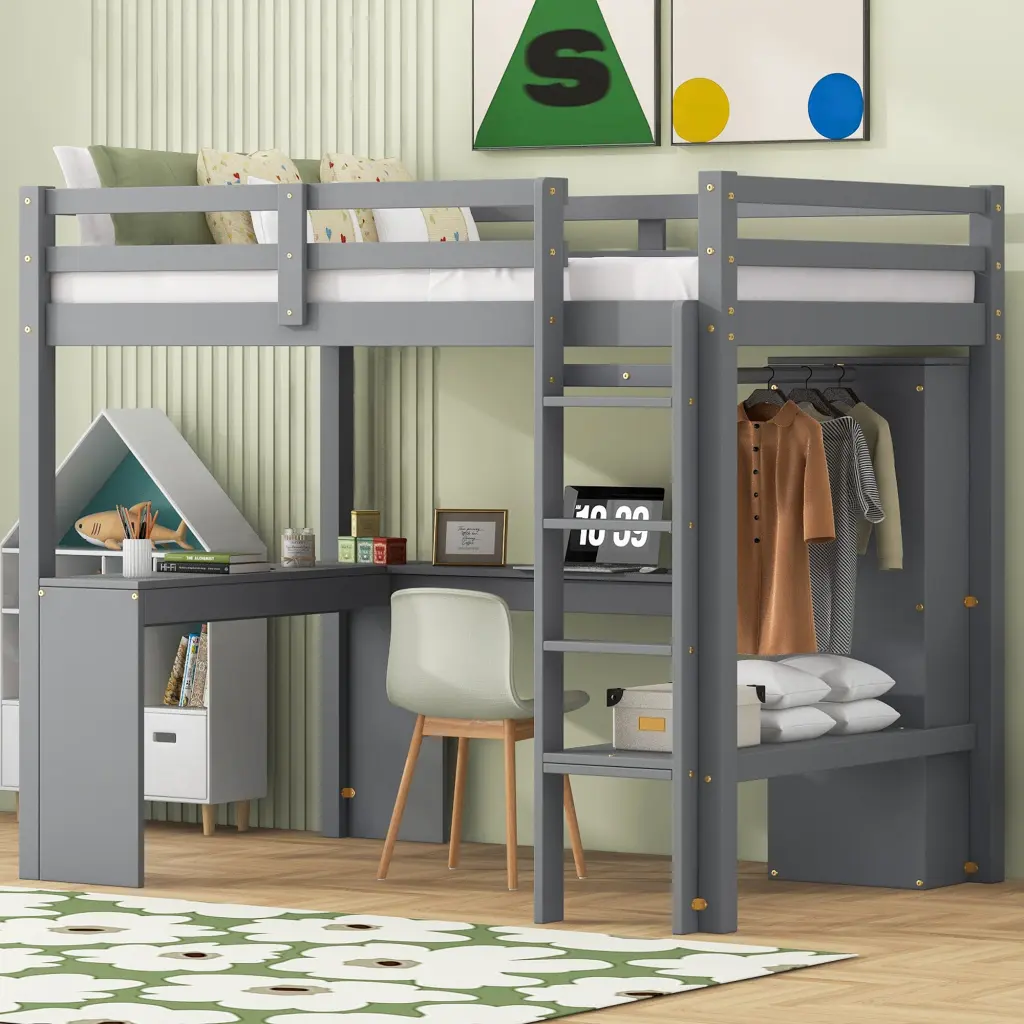 Twin Loft Bed Desk Wardrobe And Storage Shelves Grey Space Saving Furniture wm store