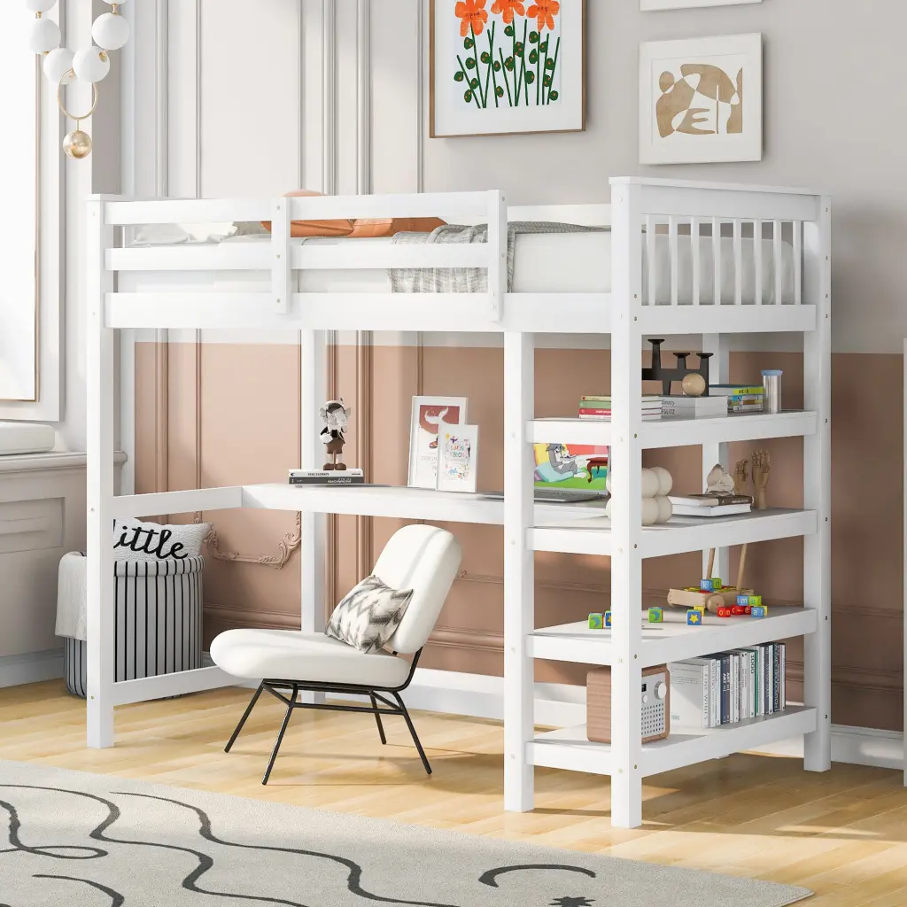 Twin Loft Bed Storage Shelves And Under Bed Desk White wm store