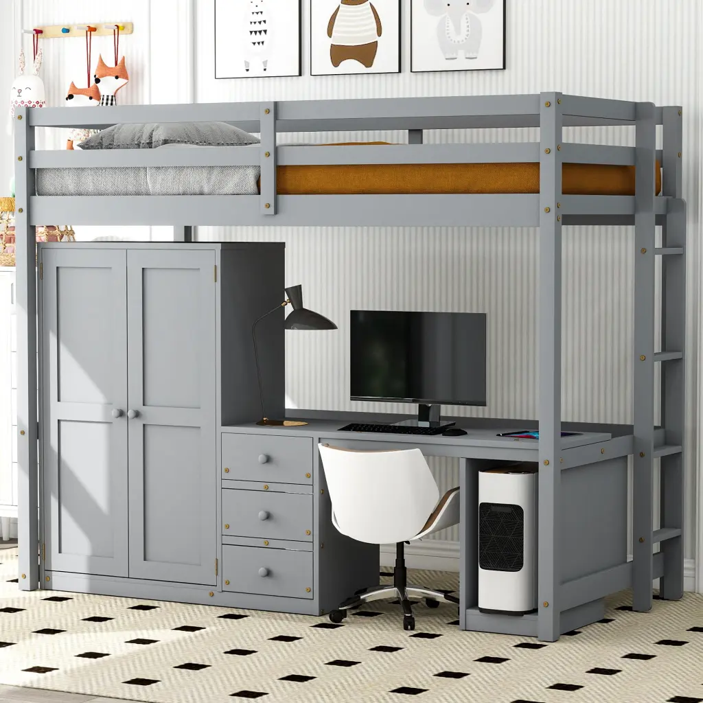 Twin Loft Bed Wardrobe Desk and Storage Drawers Gray wm store
