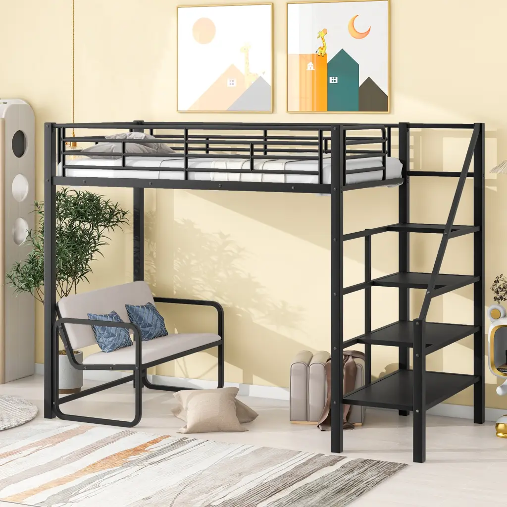 Twin Metal Loft Bed Bench and Storage Staircase Black wm store