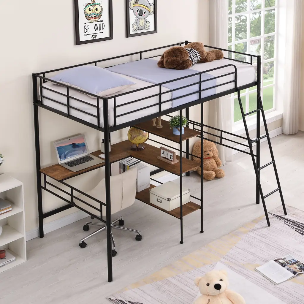 Twin Metal Loft Bed Built Desk And Shelves Black Industrial wm store