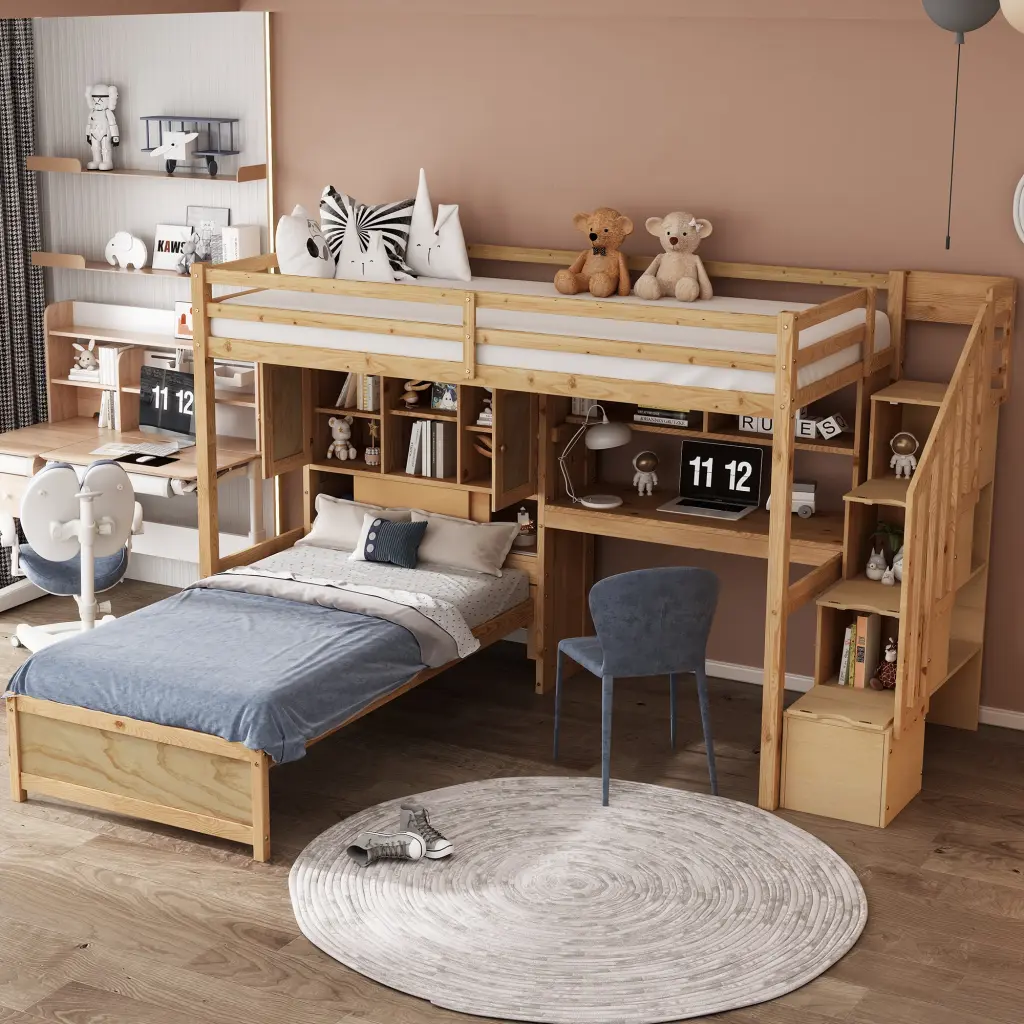 Twin Over Twin Loft Bed Built Desk And Staircase Storage wm store
