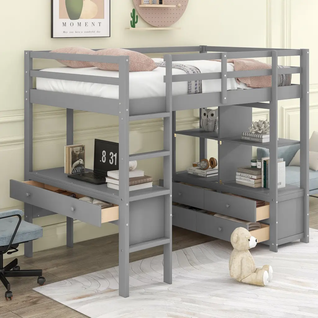 Twin Size Loft Bed Built- Desk, Drawers, and Storage Shelves wm store
