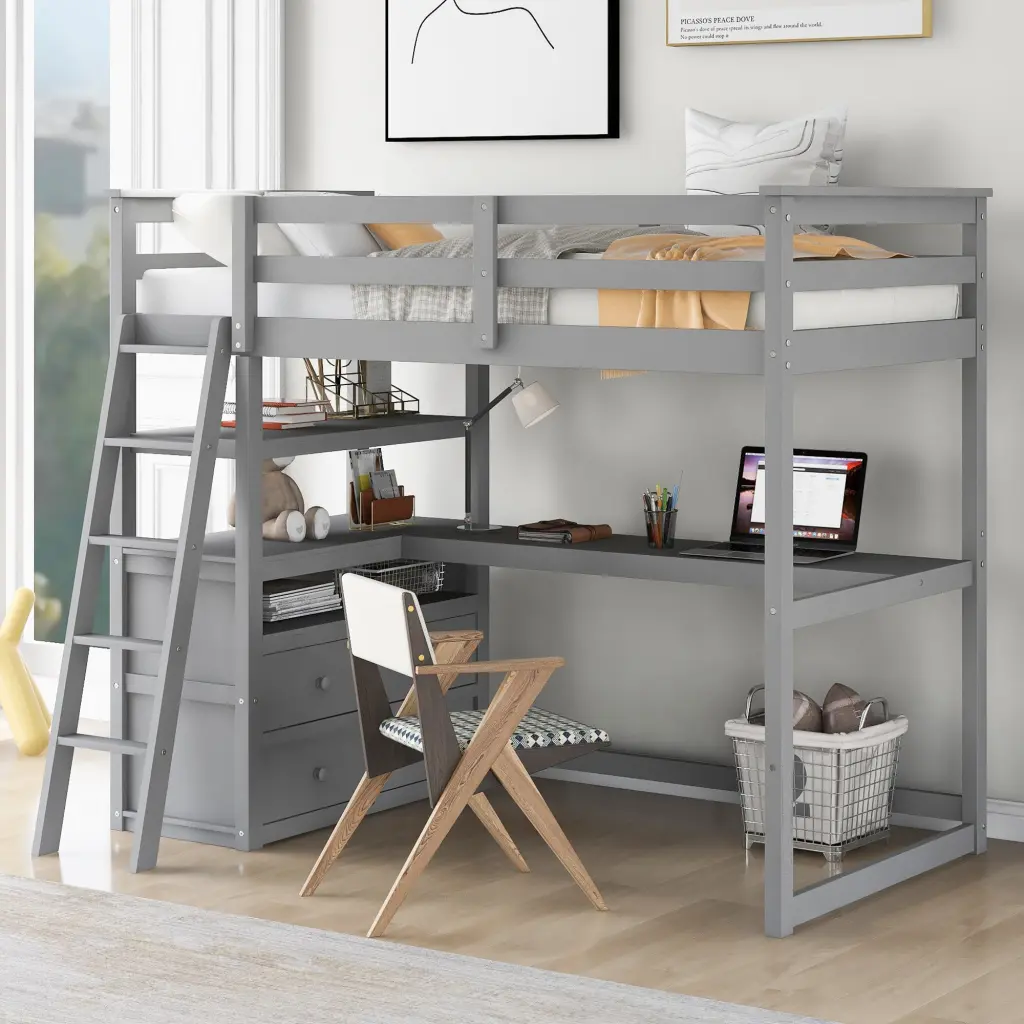 Twin Size Loft Bed Desk, Shelves and Two Constructed Drawers Gray wm store