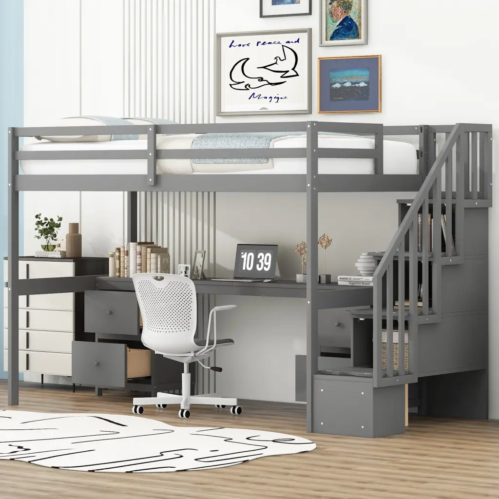 Twin Size Loft Bed Frame Built- Desk and Double Storage Drawers wm store