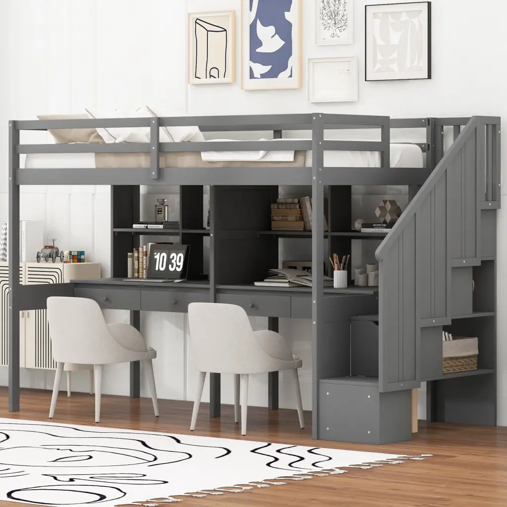 Twin Size Loft Bed Frame Storage Staircase and Double Desks wm store