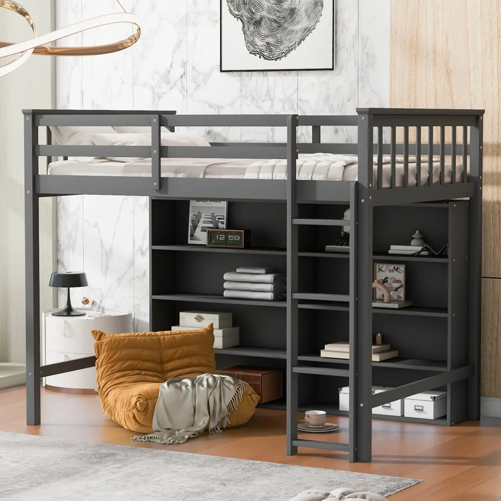 Twin Size Loft Bed 8 Open Storage Shelves and Ladder Space Saving Bed wm store