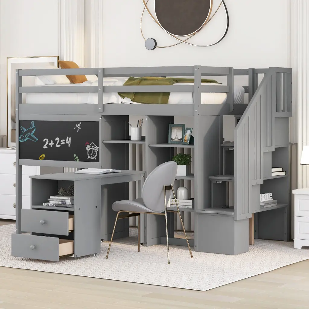 Twin Size Loft Bed Pullable Desk and Storage Shelves - Space-Saving Staircase Design wm store
