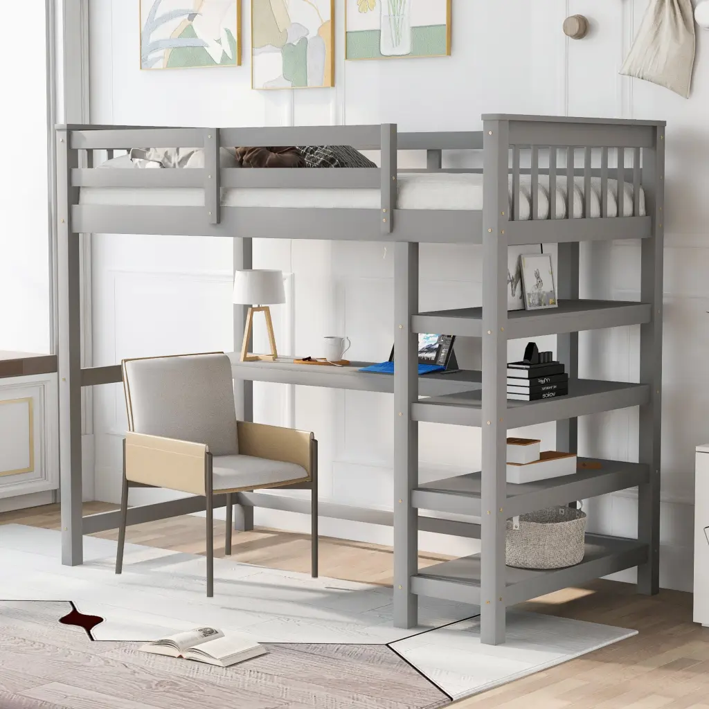 Twin Size Loft Bed Storage Shelves And Under Bed Desk Gray Finish wm store