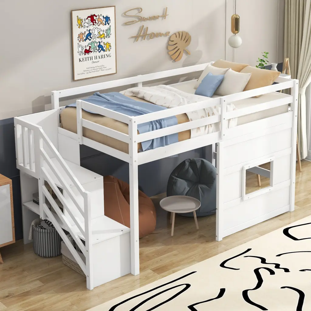 Twin Size Loft Bed Storage Staircase Window White Box Spring wm store