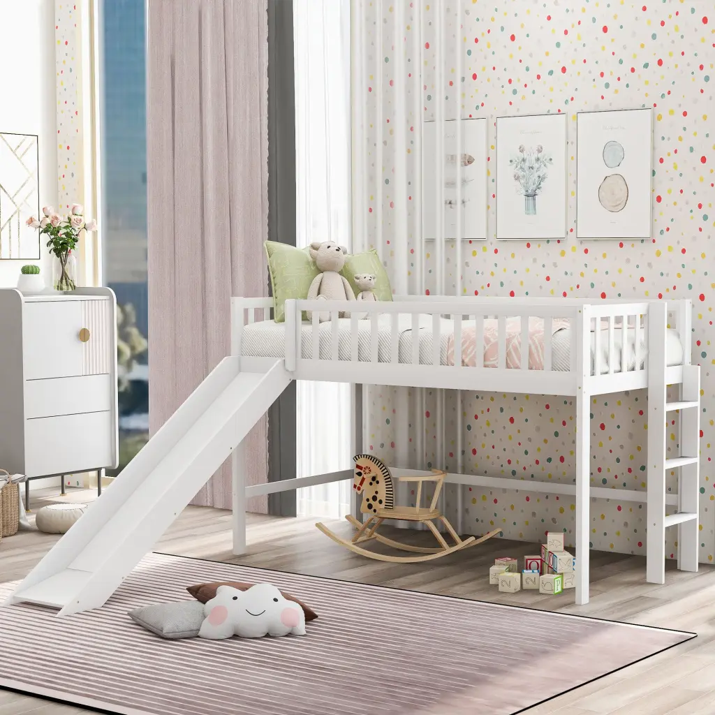Twin Size Low Loft Bed Ladder and Slide White wm store