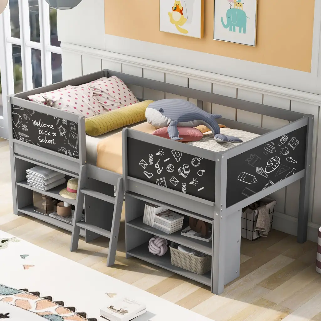 Twin Size Low Loft Bed Two Movable Shelves And Ladder wm store