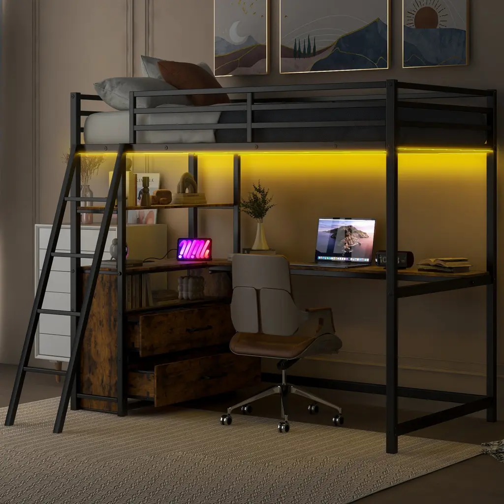 Twin Size Metal and Wood Loft Bed Desk and Shelves Kids Room wm store